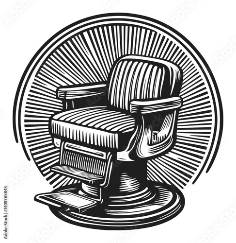 Vintage Woodcut Style Barber Chair Illustration for Creative Projects