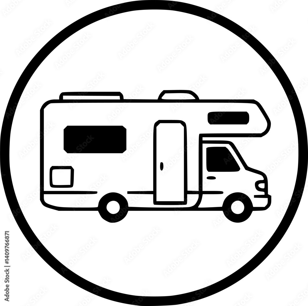 RV Adventure Emblem: A sleek, minimalist icon of a recreational vehicle, encapsulated within a circular border, embodies the spirit of freedom and the open road RV Adventure Emblem: A sleek, minimalist icon of a recreational vehicle, encapsulated within a circular border, embodies the spirit of freedom and the open road