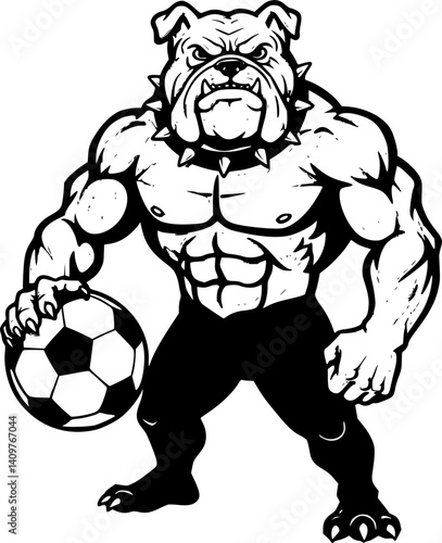 Bulldog Guardian with Soccer Ball: A muscular bulldog stands poised, gripping a soccer ball, exuding strength and determination, perfect for representing sports teams or themes of power.
 
