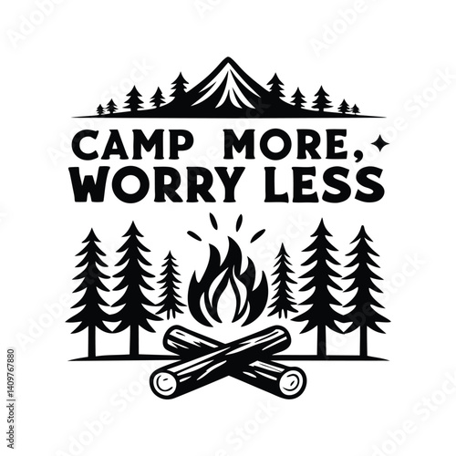 Silhouette of Mountain, Pine Trees, Campfire, and Logs Black on White Design