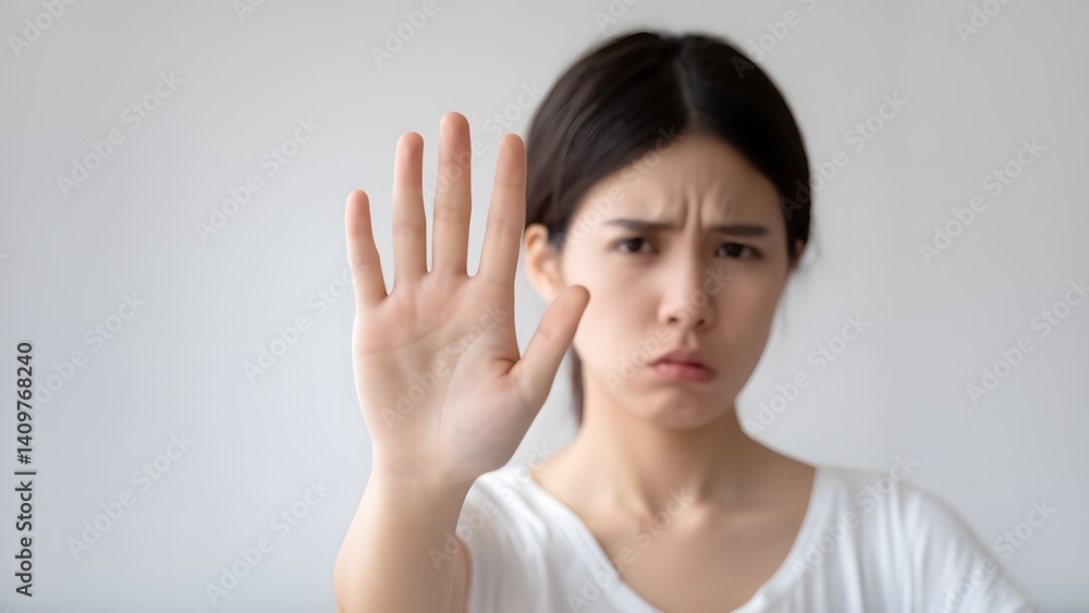 Expressing discontent young woman's gesture indoor setting portrait photography neutral background emotional communication Expressing discontent young woman's gesture indoor setting portrait photography neutral background emotional communication