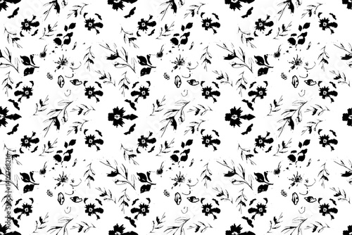 Seamless black and white floral pattern creates a monochrome floral background with delicate flowers.