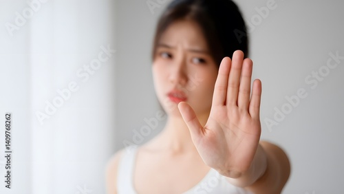 Expressing boundaries a young woman's gesture of rejection in minimalist indoor space