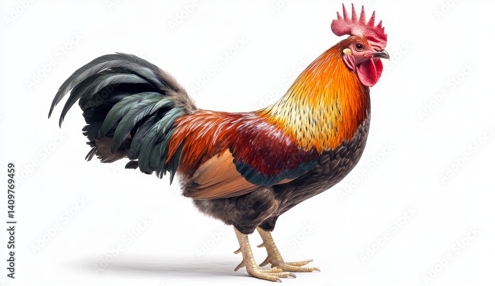 Fototapeta premium Colorful Rooster Strutting Proudly on a White Background