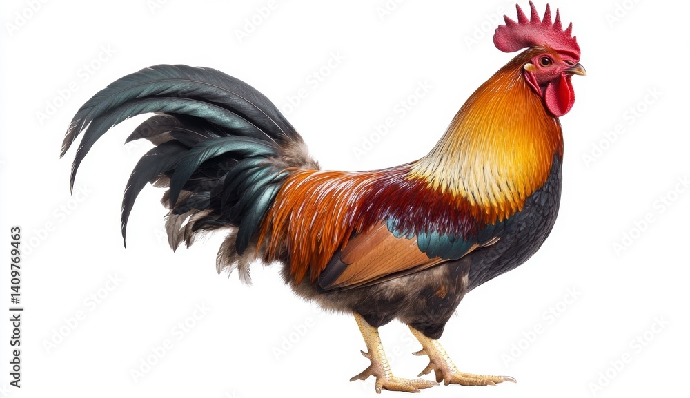 Fototapeta premium Colorful Rooster with Striking Feathers and Bold Posture in Studio