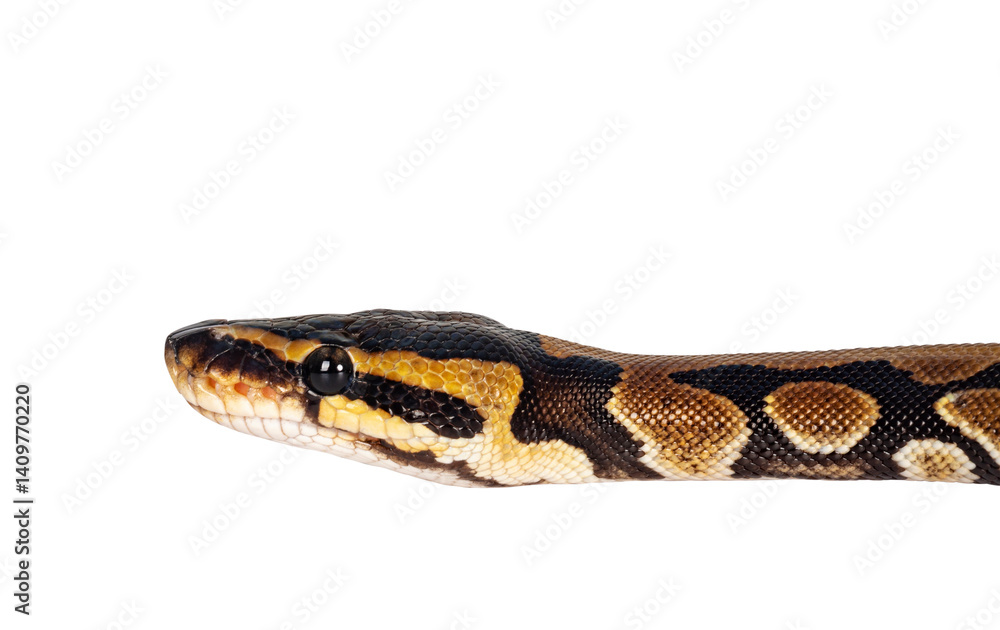 Head shot of baby Ballpython or Python Regius snake, isolated cutout on a transparent background. Amazing almost golden colors and beautifull pattern. Head shot of baby Ballpython or Python Regius snake, isolated cutout on a transparent background. Amazing almost golden colors and beautifull pattern.