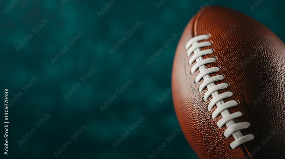 Close up of American Football on Teal Background Sport Game Competition Close up of American Football on Teal Background Sport Game Competition