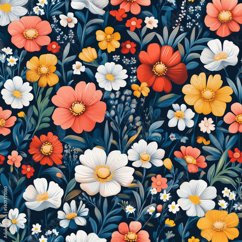 Wallpaper Mural Colorful floral seamless pattern illustration. Vintage style flower background design. Geometric natural wallpaper print, spring season nature backdrop texture with flowers  Torontodigital.ca