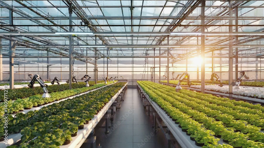 Automated agriculture within a modern greenhouse cultivating crops efficiently Automated agriculture within a modern greenhouse cultivating crops efficiently