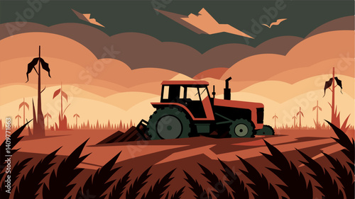 In the distance an abandoned tractor sits idle in a field overrun by rotting crops an eerie scene that depicts the frustration and helplessness of farmers in the face of supply. Vector illustration