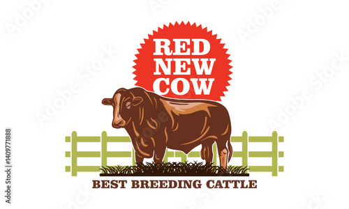 red cattle new breed logo, silhouette of big bull standing at farm vector illustrations
