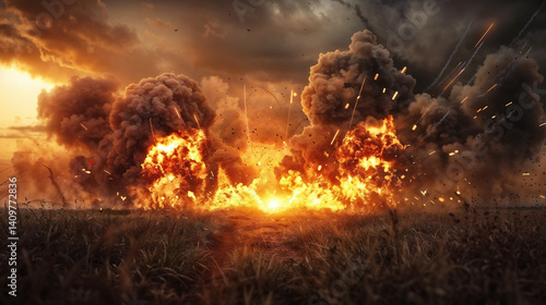 Massive explosion with multiple fireballs and towering smoke clouds erupting across dry grassland. Dramatic sunset sky glows orange as embers and debris scatter through darkening atmosphere
