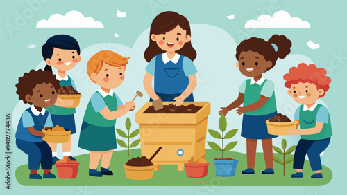With guidance from their teacher students carefully construct a DIY compost bin excited to learn how to reduce waste and create nutrientrich soil for the garden.. Vector illustration