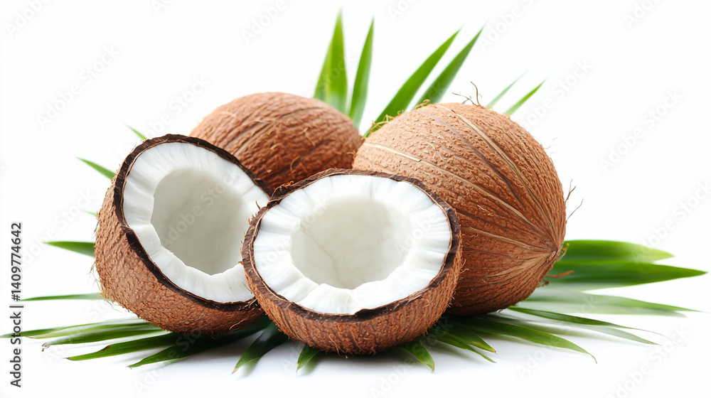 Close up of whole and halved coconuts with green leaves on a white background studio shot Close up of whole and halved coconuts with green leaves on a white background studio shot