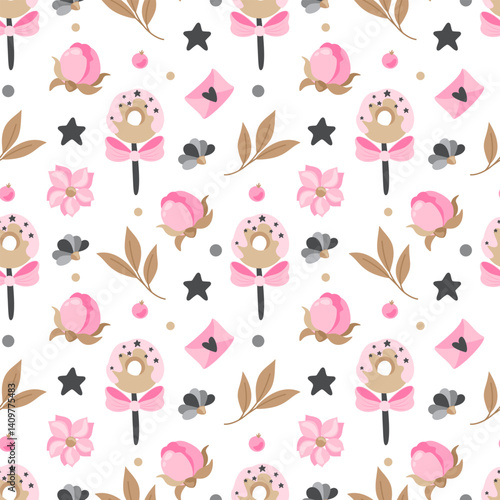 Seamless pattern with sweets, flowers and romantic elements. Print on children's bed linen, clothes and wrapping paper.