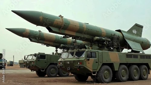 Long range missiles mounted on military vehicles.