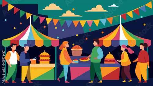 Colorful banners and strings of lights illuminate the crowded sidewalk where vendors proudly display their mouthwatering anticuchos.. Vector illustration