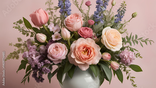 Beautiful floral arrangement with pink and purple blooms in a vase against a soft pastel background Generative AI