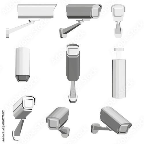 A collection of different types of security cameras. The images are all in black and white. The mood of the images is serious and focused on security