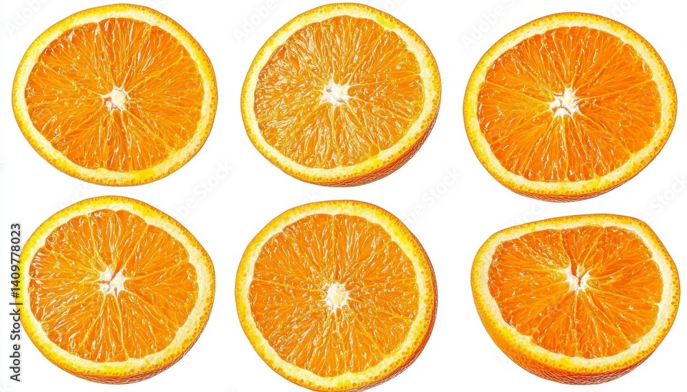 Freshly Cut Orange Slices Displayed on Bright White Background Freshly Cut Orange Slices Displayed on Bright White Background