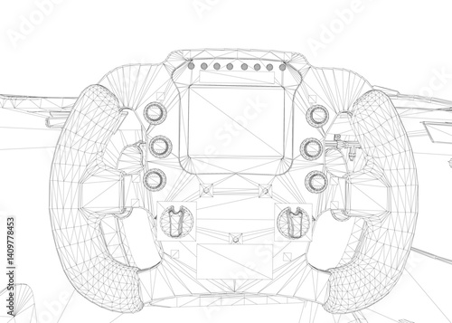A drawing of a car steering wheel with a black and white color scheme. The drawing is of a racing car and the steering wheel is the main focus