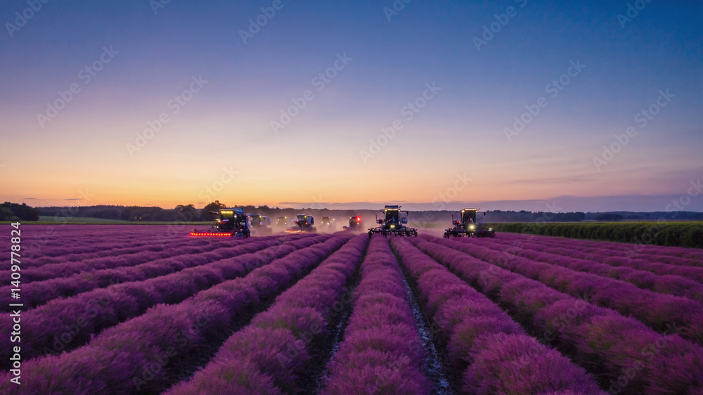 Harvesting lavender field at dusk with specialized agricultural equipment Harvesting lavender field at dusk with specialized agricultural equipment