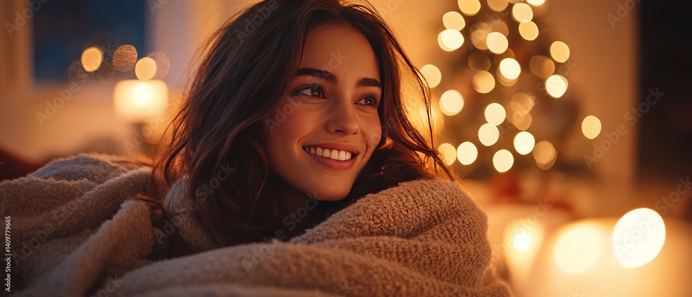 Cozy winter evening with smiling woman wrapped in blanket by soft lighting