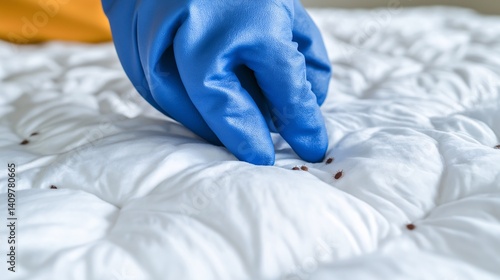 Close up of Gloved Hand Inspecting Bed Bugs on Mattress Pest Control
