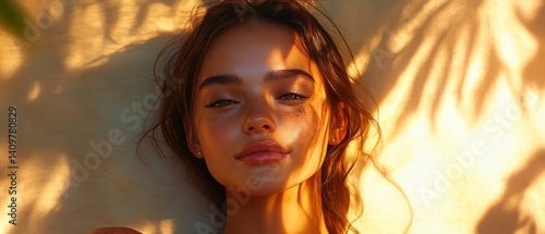 Obraz na płótnie Golden Hour Wellness Portrait with Soft Texture and Botanical Elements – Serene Self-Care Aesthetic for Millennial Branding w salonie