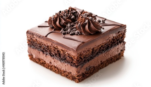 Decadent Chocolate Cake Slice with Creamy Frosting and Sprinkles