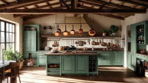 Wallpaper Mural Rustic kitchen design, copper pots, wooden beams, farmhouse style, interior design Torontodigital.ca