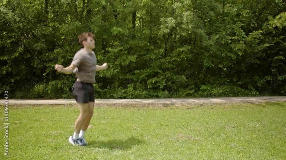 A young man exercises outdoors in a park, engaging in jump rope activities. Promoting fitness, health, and outdoor workouts. A young man exercises outdoors in a park, engaging in jump rope activities. Promoting fitness, health, and outdoor workouts.