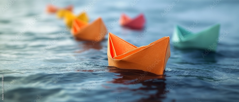 Leadership Concept with Paper Boat Guiding Fleet – Teamwork and Cooperation Metaphor