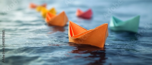 Obraz na płótnie Leadership Concept with Paper Boat Guiding Fleet – Teamwork and Cooperation Metaphor w salonie