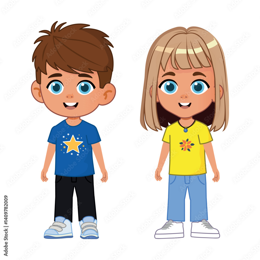 Cute cartoon boy and girl standing together, smiling children characters in casual clothes, happy childhood illustration Cute cartoon boy and girl standing together, smiling children characters in casual clothes, happy childhood illustration
