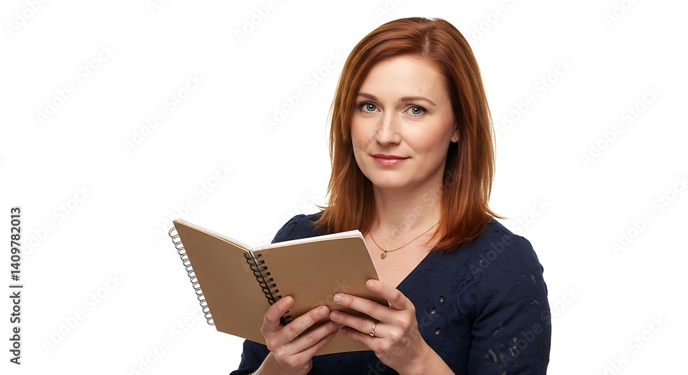 Woman holding a notebook and looking at camera on white background Woman holding a notebook and looking at camera on white background