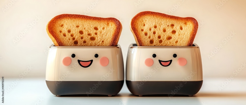 Cute Cartoon Toaster Smiling with Popping Toast – Fun Breakfast Concept