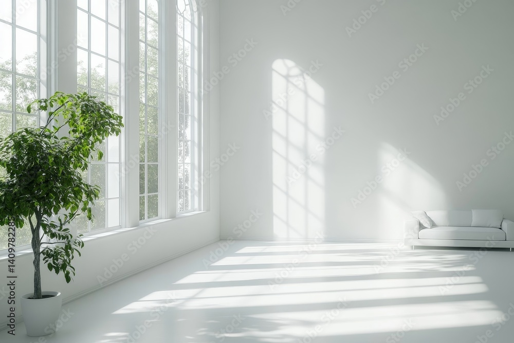 Fototapeta premium Spacious minimalist interior with white sofa and sunlit windows