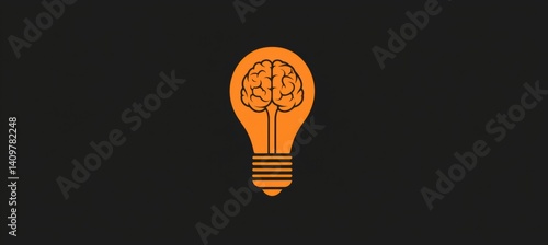 Glowing orange light bulb with brain illustration on dark background