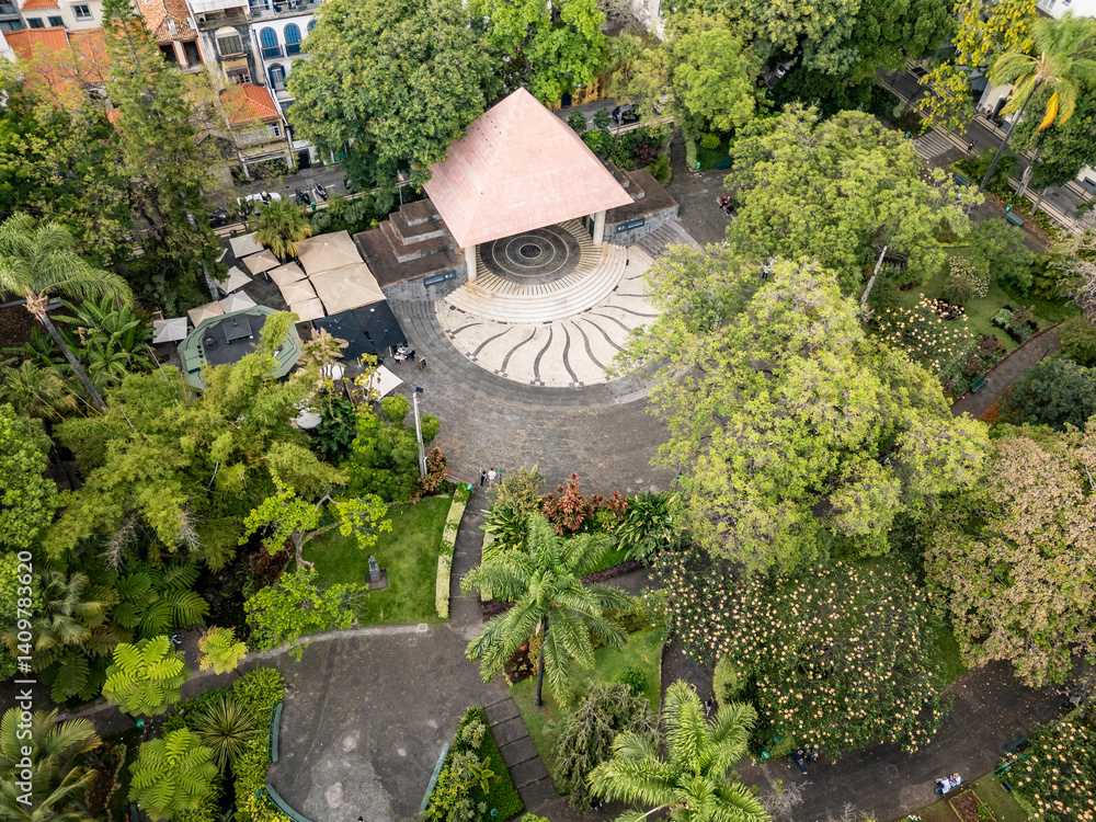 Drone view of Municipal Garden with amphitheatre in Funchal city, capital of Madeira Island, Portugal