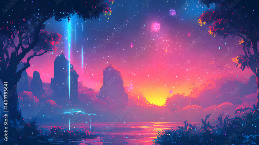 Fototapeta premium Pixel Art Landscape of City at Sunset with Vibrant Sky Stars and Water Reflection Featuring Trees Silhouette Pink Blue and Purple Colors