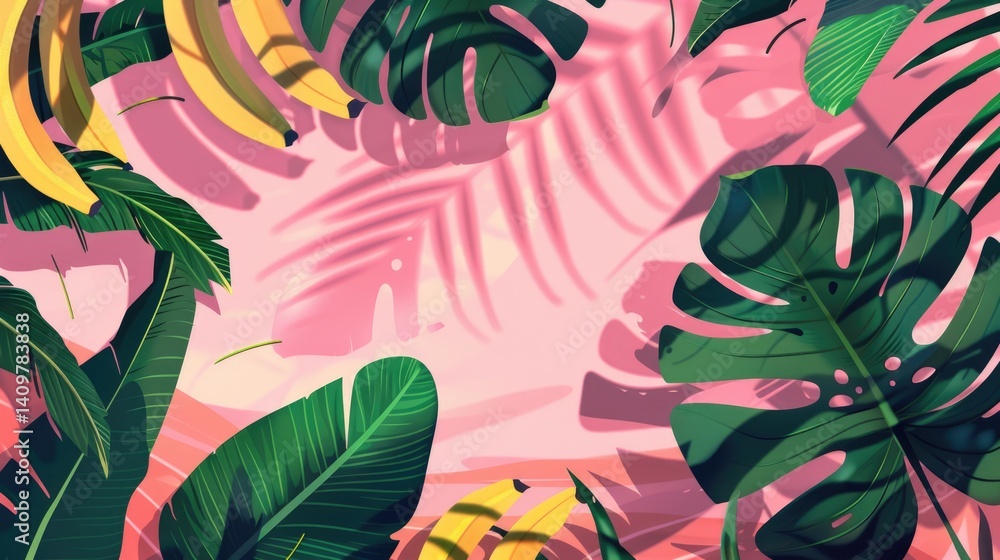 Naklejka premium Vibrant tropical illustration with banana plants, monstera leaves and palm shadows on pink background
