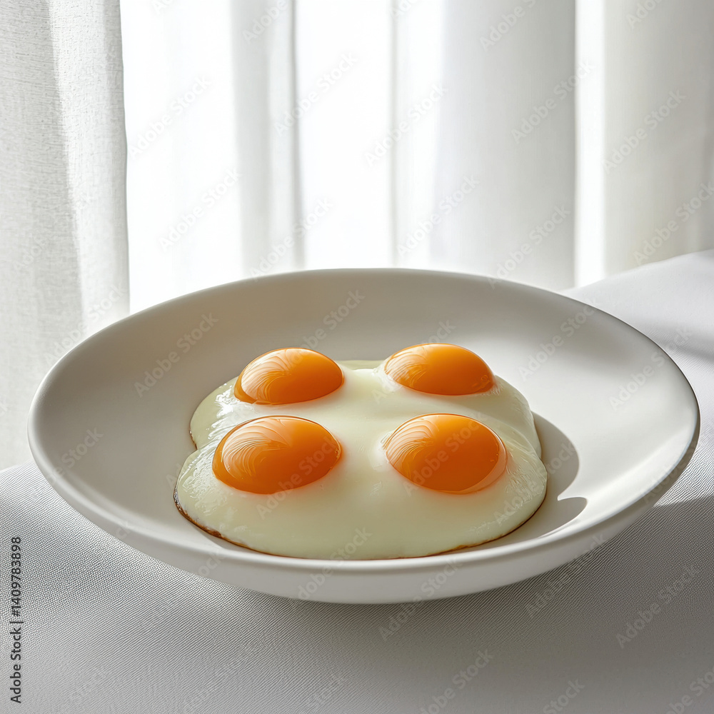 Fried eggs with glossy yolks served on white plate, creating simple yet appetizing presentation. soft light enhances freshness and appeal