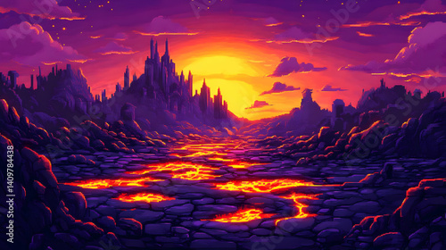 Pixel Art Landscape of Lava River Flowing Through Ruins City at Sunset with Mountains and Dramatic Sky in Shades of Orange and Purple