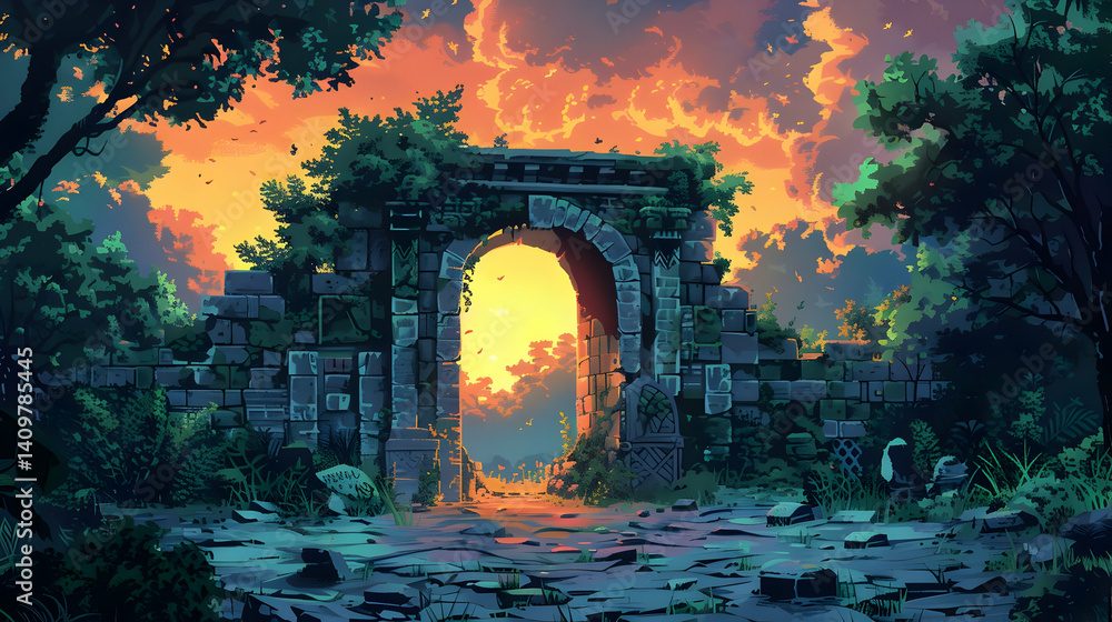 Obraz premium Pixel Art Landscape of Stone Archway at Sunset in Forest Scene Digital Rendering of a Old Mossy Gate Against an Orange and Yellow Sky