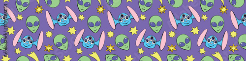 Seamless pattern with funny Aliens heads, stars in doodle flat style. Humanoids, visitors, Martians. Vector cute background, texture on theme of space, UFO, fantastic, kids design