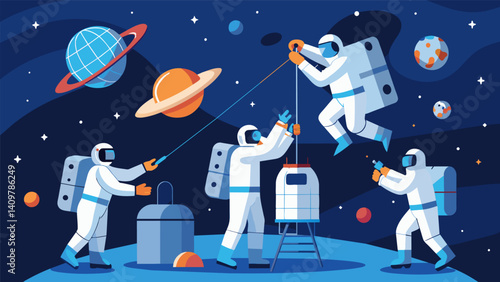 A team of astronauts conducting a spacewalk installing datagathering sensors on the exterior of a spacecraft.. Vector illustration