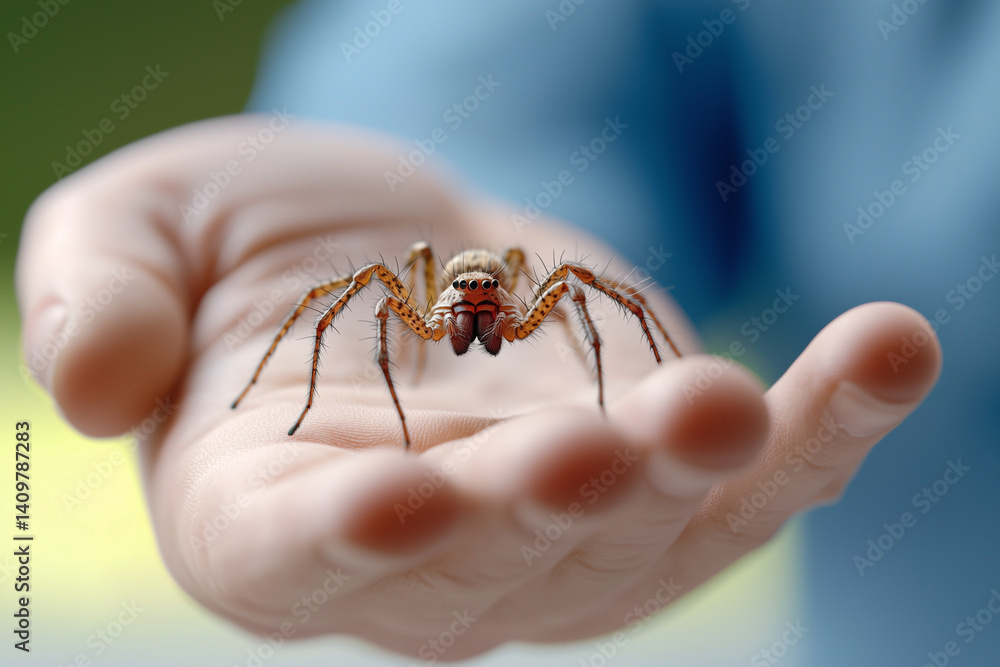 Obraz premium A detailed close-up shot of a spider resting on a person's open palm. The spider appears to be the main focus