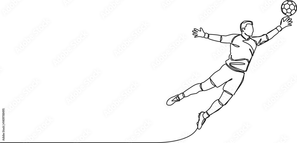 Fototapeta premium continuous single line drawing of soccer goalkeeper jumping to catch ball, line art vector illustration