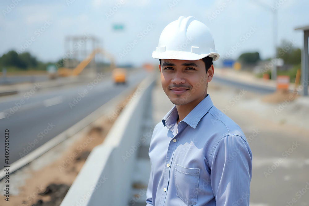 Engineer handsome man or architect looking construction with white safety helmet in construction site. Standing at highway concrete road site. Engineer handsome man or architect looking construction with white safety helmet in construction site. Standing at highway concrete road site.